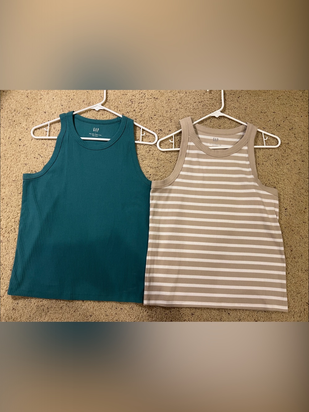 GAP Teal Ribbed Tank & Taupe-White Striped Tank Duo